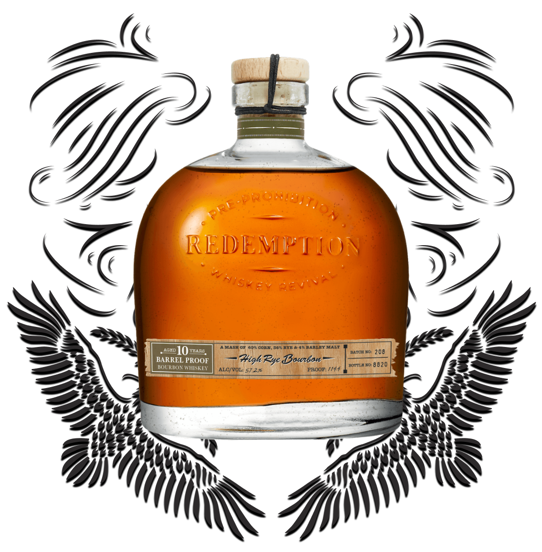 10 Years Aged Barrel Proof High Rye Bourbon bottle with filagree background
