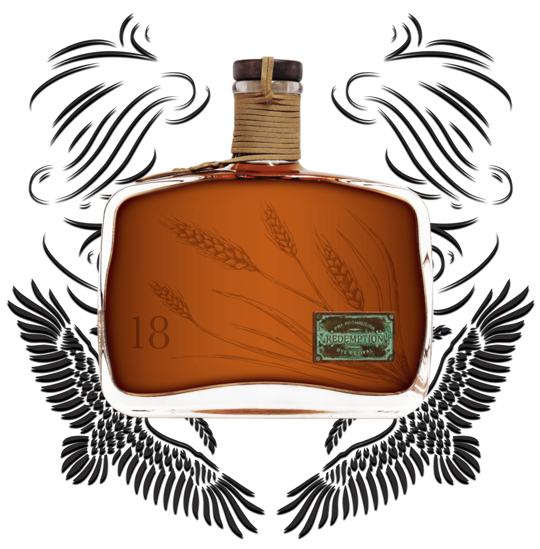 The Ancients. 18 Year Old Rye bottle with filagree background