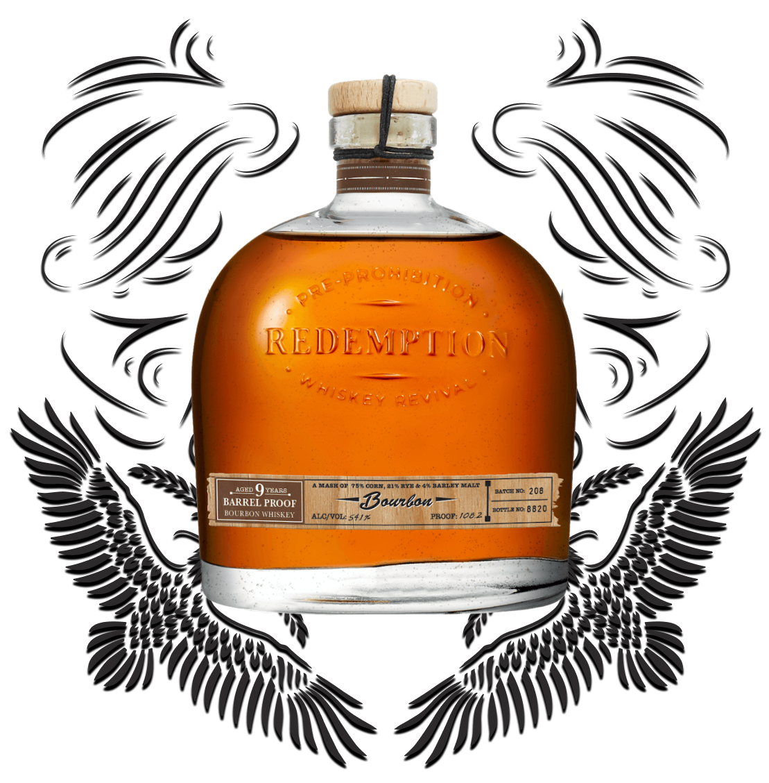 Redemption Whiskey 9 year Bourbon with filagree background