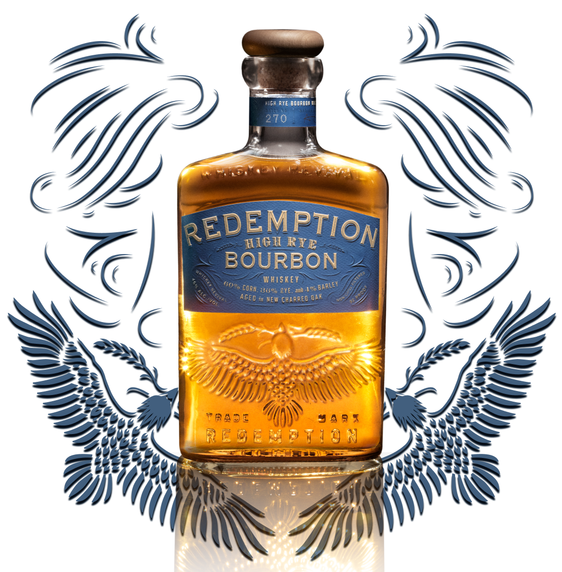 Redemption Whisky High Rye bottle with filagree background