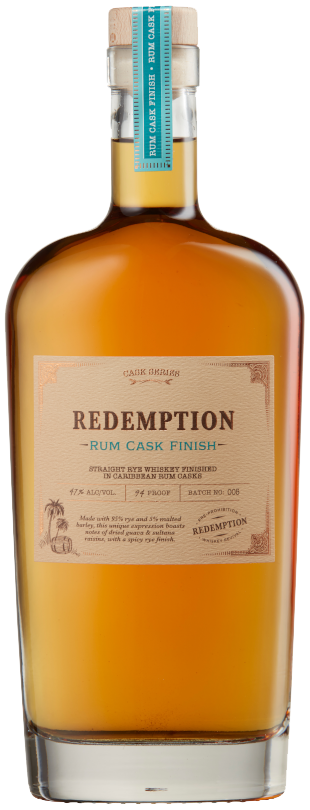 Bottle of Redemption Rum Cask Finish rye whiskey sitting on bar - Redemption Whiskey