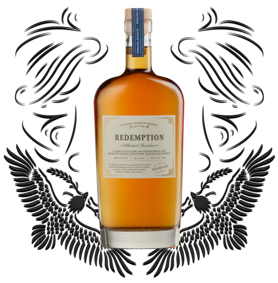 Redemption Whiskey Wheated Bourbon bottle with filagree background
