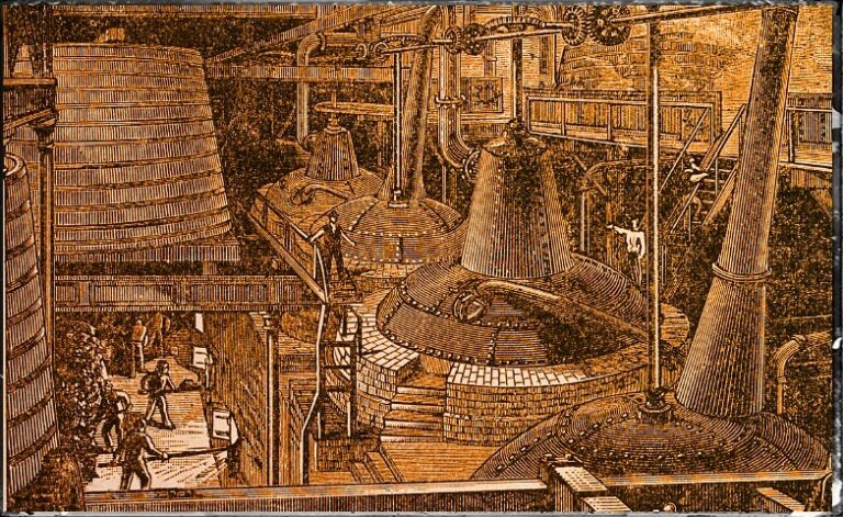 19th century engraving of a still house in a whiskey distillery